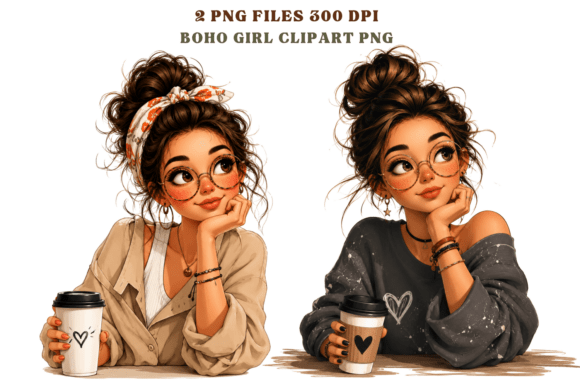 Boho Girl & Coffee Girl Clipart PNG