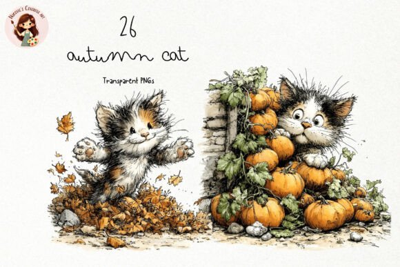 Bring Cozy Vibes to Life with the Cute Autumn Cat PNG Clipart Set