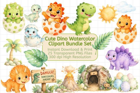 Cute Dino Watercolor Clipart Bundle