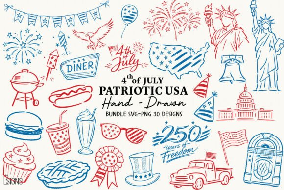 Patriotic USA SVG Hand-Drawn Bundle PNG