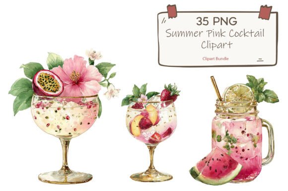 Summer Pink Cocktail Clipart PNG: Elevating Creative Projects with Watercolor Charm