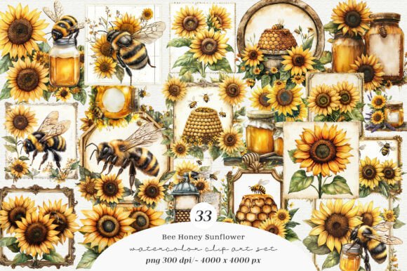 Vintage Bee Honey Sunflower Label Bundle