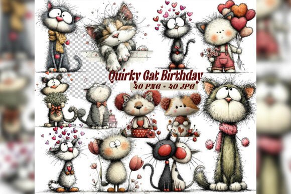 Whimsical Cat Birthday Clipart Set
