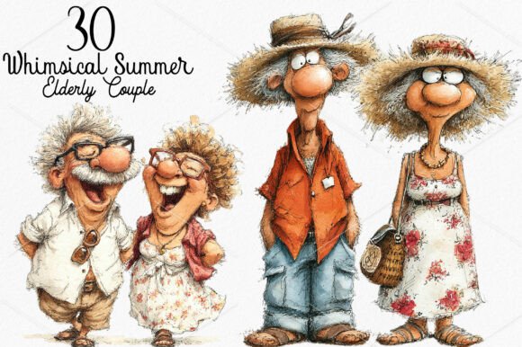 Whimsical Summer Elderly Couple Clipart